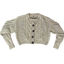 Free People Bonfire Cardi Cropped Button Up Cable Knit Green Boho Cottagecore M