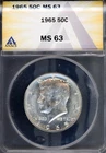 1965 50c 40% Silver John F Kennedy Half-dollar MS 63 ANACS # 7786773 + Bonus