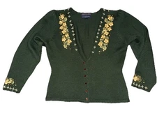 Herman Geist Hand Embroidered WoolCardigan Women M Green Floral Sweater Grandma