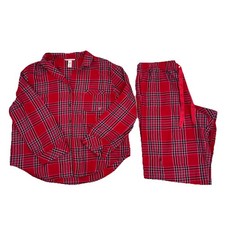 Victoria's Secret 2 Piece Pajama Set Pink Red Plaid Flannel Cotton Size XL