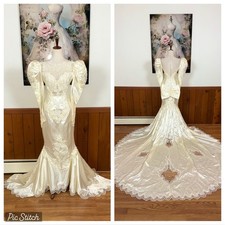 Stunning Vintage 90s Ivory Satin Mermaid Wedding Gown with Dramatic Train