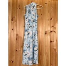 NWT Lulus Distinctive Charm Blue Floral Satin Asymmetrical Midi Dress Party XS 