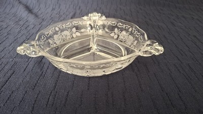 Rose Etched Three Section Relish Nut Dish With Handles 