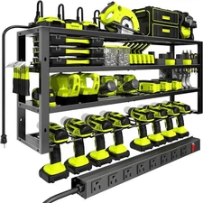Large Power Tool Organizer Wall Mount with Charging Station, 8 Outlet Power Stri