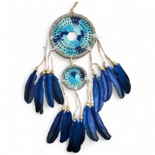 Boho Coastal Dreamcatcher with Blue Feathers   17  