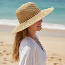 Women s Starfish Charm Beaded Band Beach Straw Wide Brim Panama Style Sun Hat