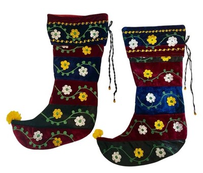 Lot 2 Christmas Stocking Velvet Embroidered Floral Vines Lined Tassels 18'' L