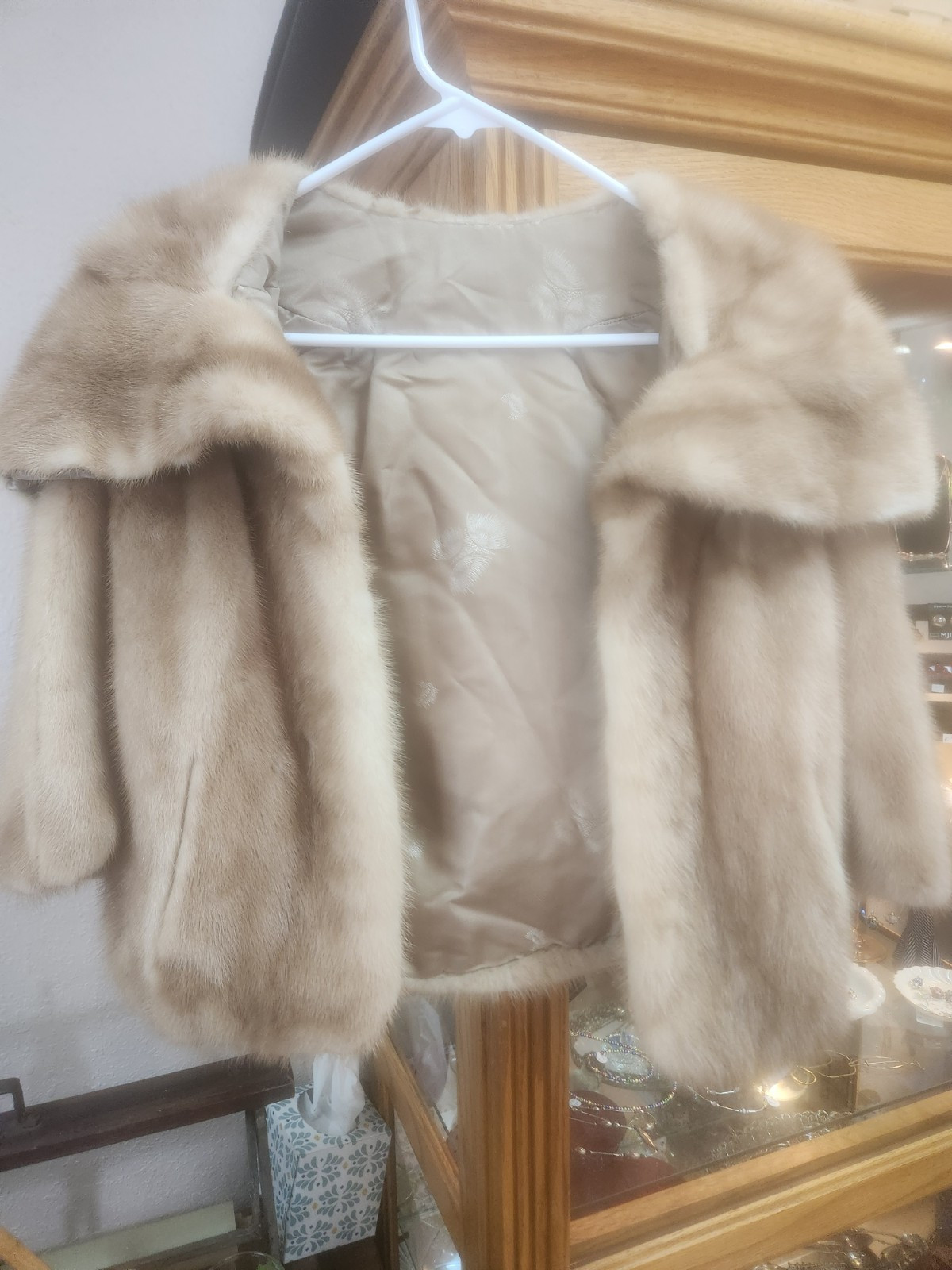 Women’s Beige Fur Cape Coat S Short Satin Lined