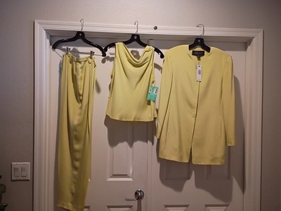 Linda Allard Ellen Tracy Silk 3-Piece Pant Suit Lime Size 10 Jacket Pants