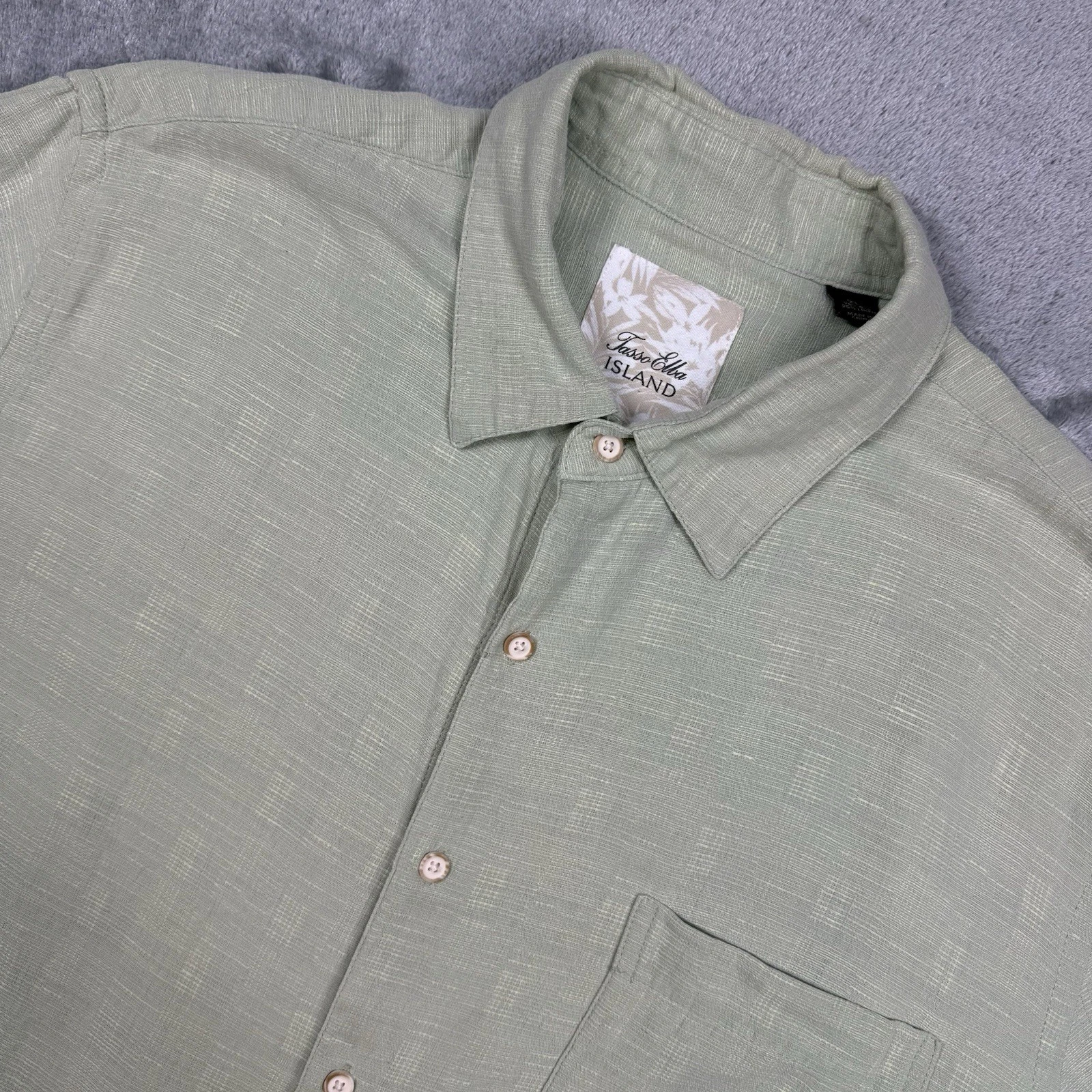 Tasso Elba Island Shirt Men’s XL Green Silk Linen Blend Button Up Resort Beach