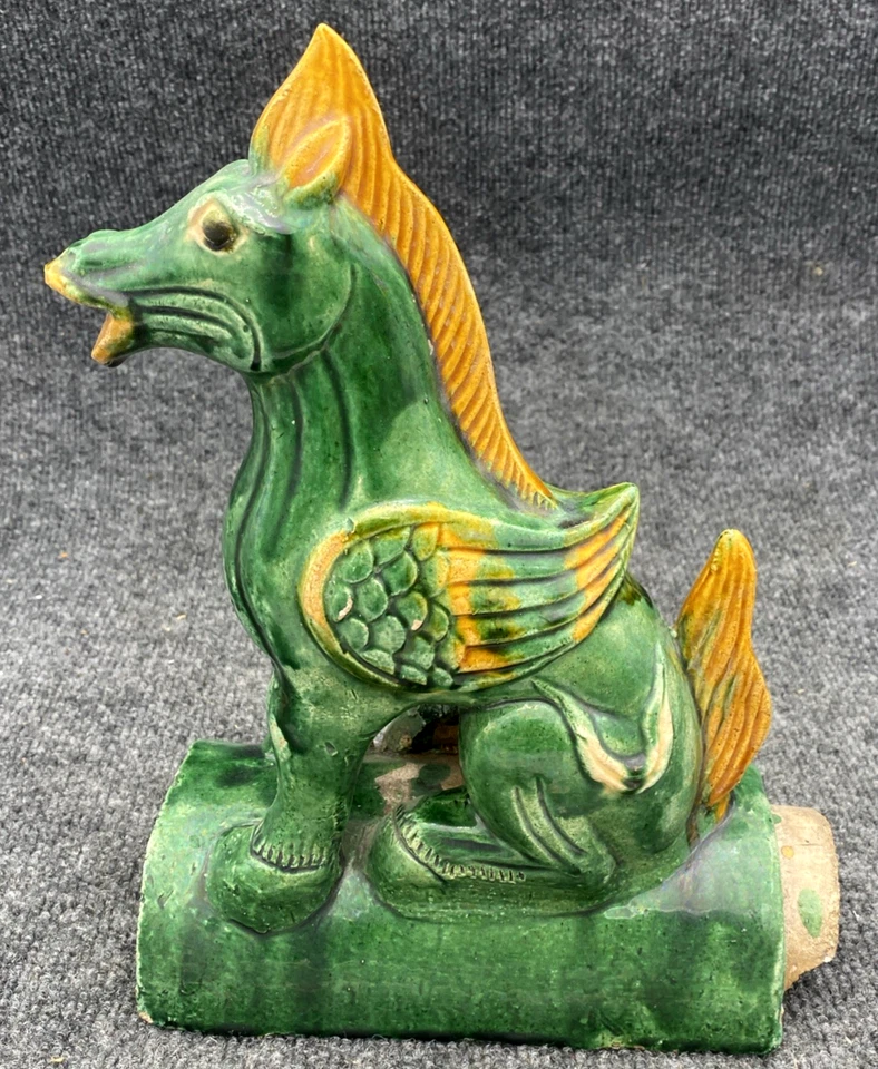 Escultura chinesa antiga de cerâmica vitrificada cavalo alado dragão mítico - Imagem 3 de 4