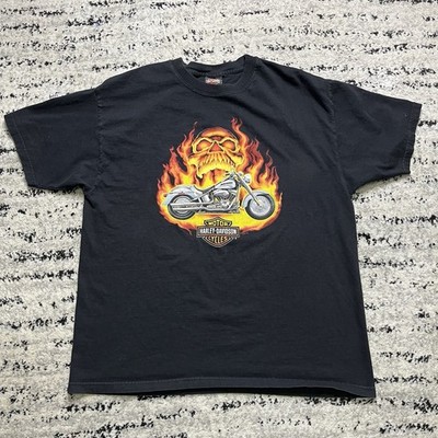 VTG 2004 Harley Davidson Flaming Skull T-Shirt Size XL Men Black Motorcycle Y2K