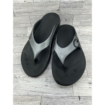 OOFOS OOahh Sport Recovery Flip Flop Sandals Black Silver Gray M7 W9 EU40