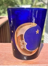 Culver Cobalt Blue Glass Celestial Gold Moon & Stars Lowball Glasses Set Of 4