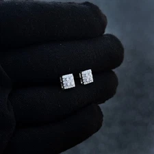 7mm Square Moissanite Cluster Earrings, 0.37ct Diamond Studs