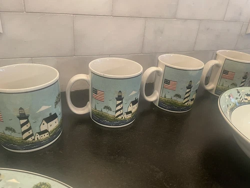 2 Warren Kimble COASTAL BREEZE 1998 Sakura Coffee Cup Mugs Nautical Lighthouse