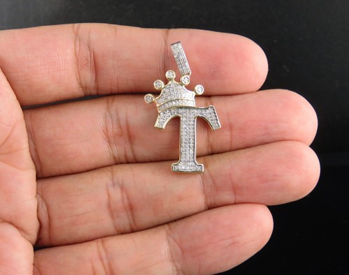 10K Gelbgold Diamant Krone Initiale T Buchstabe Anhänger 0,29 ct 1,5" - Bild 2 von 4