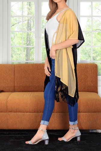 LA LEELA Women's One Size Kimono Cardigan Duster Open Front US 14-18W Black_B630 - 第 3/3 張圖片