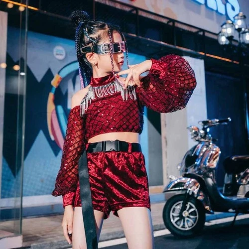 Kids Dance Costumes Sequin Street Dance Stage Clothing Hip Hop Fringe Clothes - Image 4 of 4