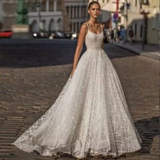Boho A-Line Scoop Neck Wedding Dress Spaghetti Straps Beach Lace Backless Gowns