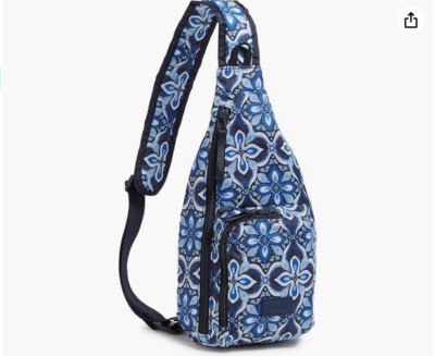 NWT Vera Bradley Mini Sling Backpack Raindrop Medallion Ripstop Blue White Nylon