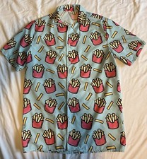 Mens Button Up Dress French Fries Print Shirt Adult Size Small Blue