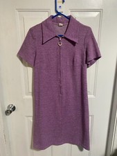 Vintage Women's Short Sleeve Dress Purple Zip Front Sash Belt