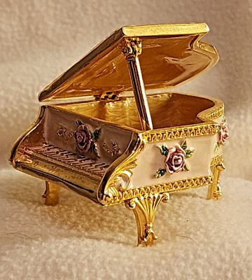 Keren Kopal White Piano with Flowers Enamel Painted Jewelry Box with Austrian Cr