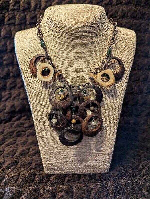 UNIQUE BARSE POLISHED WOOD  & GEMSTONES 925 STERLING SILVER NECKLACE 18"