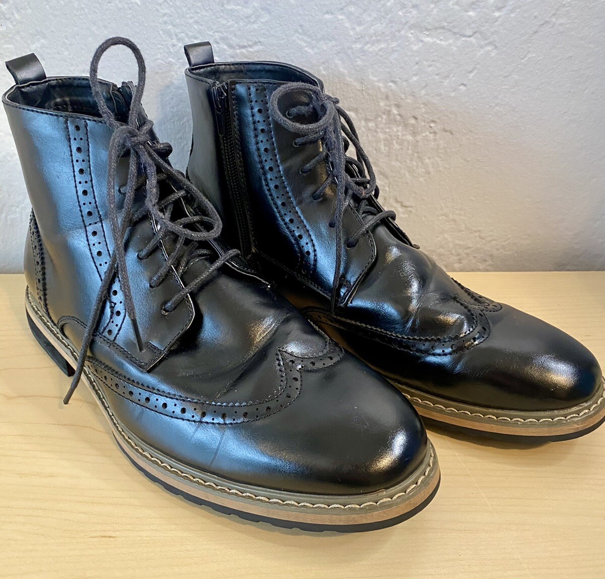 &rsquo;s Black Wingtip Motorcycle Boots Sz 8  Bergen-01