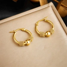 Woman 18K Gold Plated Stainless Steel Beaded Huggie Ball Earring Stud Pierced