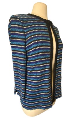 Misook Open Front Cardigan Sweater Size Medium M Black Stripe Decorative Trim