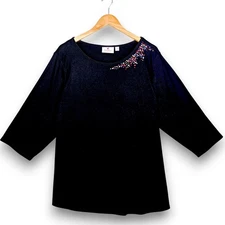 QUACKER FACTORY Women's Plus 2x 3/4 Sleeve Top Shirt Black Rainbow Rhinestones