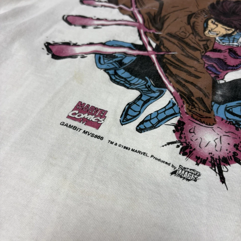 Camiseta Gambit década de 1990 Marvel Graphic 1993 rara estampa solo grande branca - Imagem 3 de 4