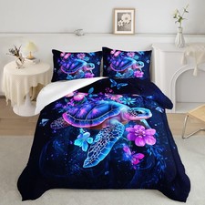 Blue Starry Butterfly Comforter Set, Twin Size, Beautiful Flower Ocean Duvet ...