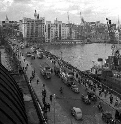 An aerial view of London Bridge during rush hour showing busy traf- Old Photo
