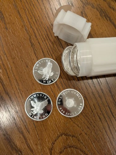 1 tube of 20 1 Troy oz Sunshine Mint .999 Fine Silver Round Mint Mark SI
