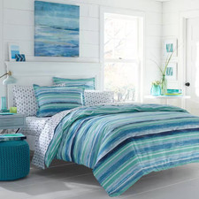 Alex 3-Piece Aqua Blue Striped Cotton Full/Queen Duvet Cover Set