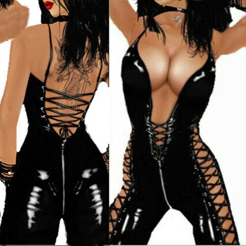 Sexy Women PVC Wetlook PU Leather Bodysuit Clubwear Costume Jumpsuit Catsuit - Picture 8 of 15