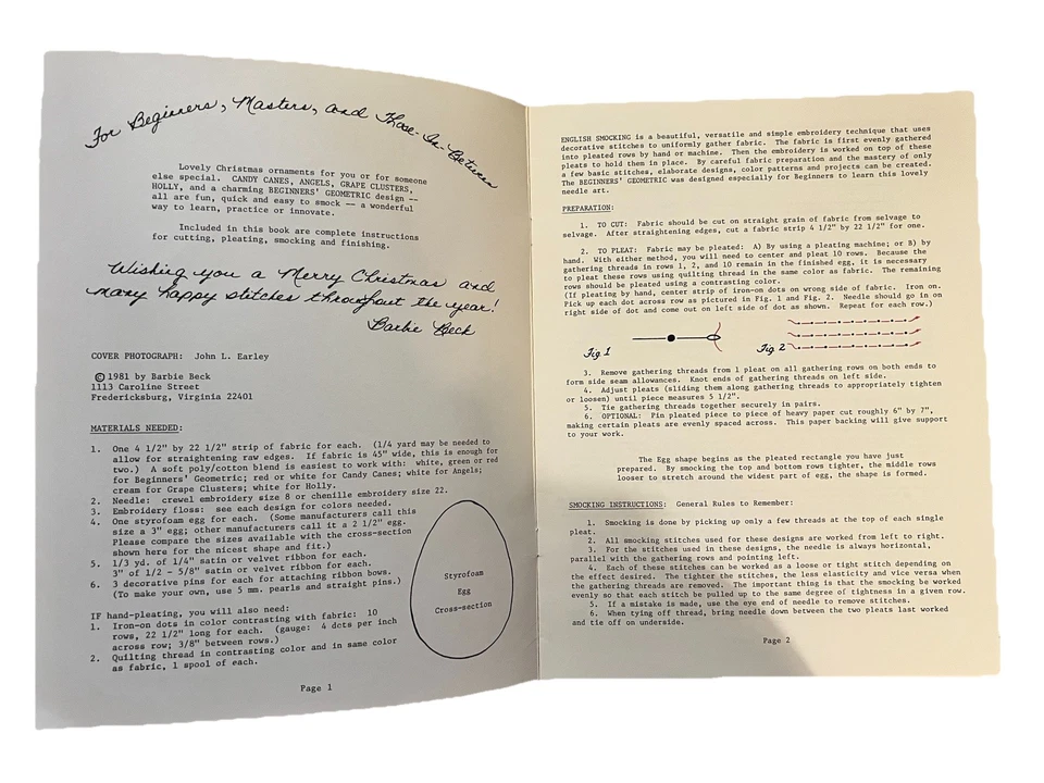 "Huevos de Navidad" © 1981 English Smocking de Barbie Beck Folleto 5 diseños Foto 3 de 3