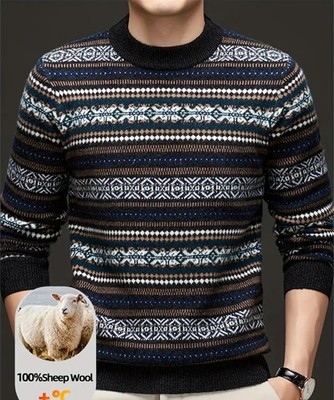 Herren Wollpullover Norweger Muster L-XL Strickpullover Winter Warm Rundhals