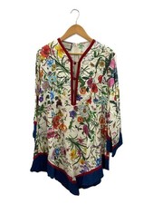 GUCCI Long Sleeve Dress 36 Linen WHT Allover Pattern 583042