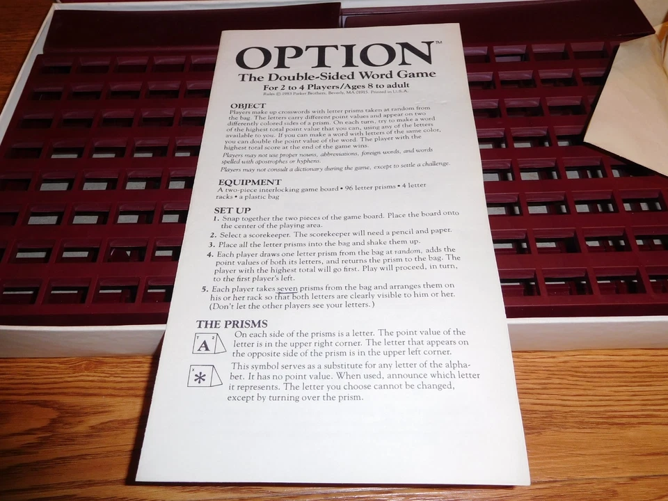 Vintage 1983 Parker Brothers Option Board Game Double Sided Word Game No. 0108 - Image 2 of 4