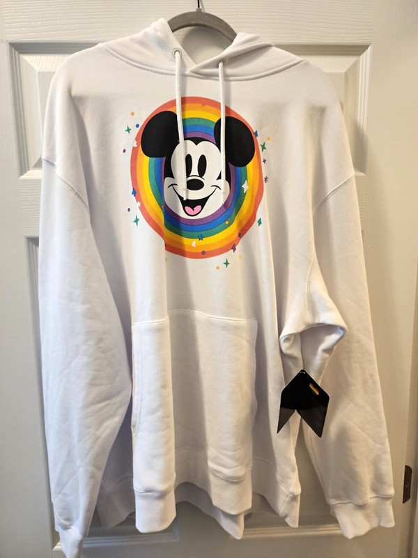 Disney Mickey Mouse White Rainbow Graphic Fleece Pullover Hoodie Size LARGE