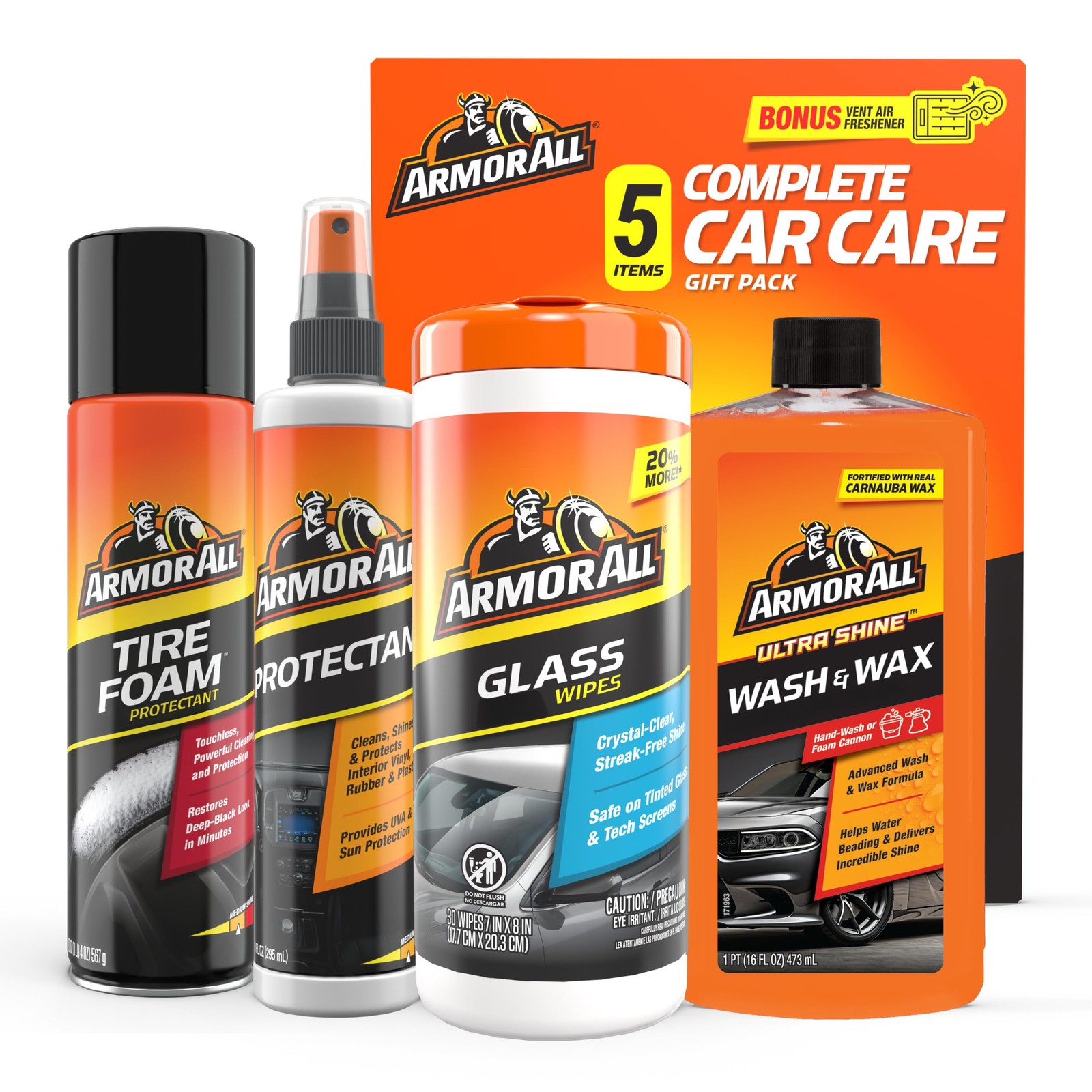 Car Cleaning Kit, Glass Wipes, Protectant, Wash &amp; Wax, Tire Foam