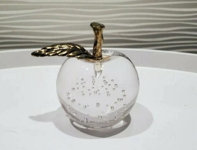 Vtg Lead Crystal Apple Paperweight Clear Bullicante Bubbles Brass Stem & Leaf