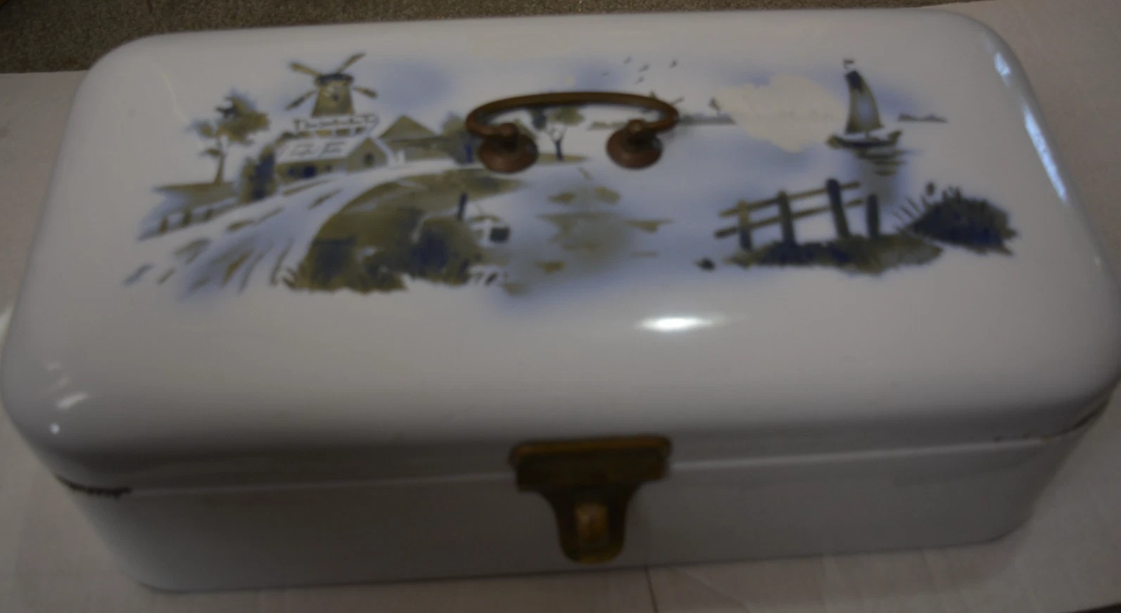 Vintage Germany White Enamel or Porcelain Metal Vented Bread Box ~ 1920s or 30s