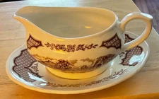 Alfred Meakin Fair Winds Brown & White Vintage Gravy Boat & Underplate EUC