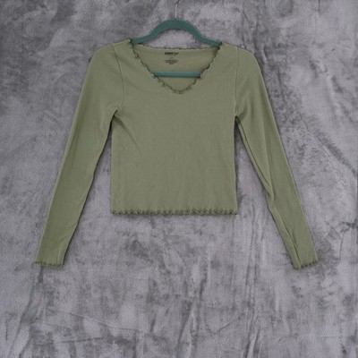 Contour x PacSun Ribbed Top Women XS Green Lettuce Trim V-Neck Long Sleeve