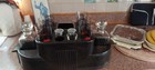 Art Deco Bar Caddy 3 Shot Glass Set 6 Indy 500 Motor Speedway W/Decanter bottles — photo 4